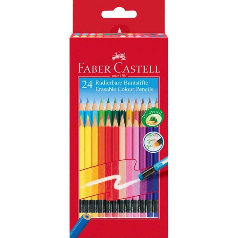 Set 24 Creioane Colorate cu Radiera Faber Castell Eco, Hexagonale