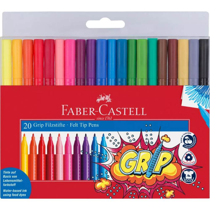 Set 20 Carioci Faber-Castell Grip, Diverse Culori, Varf Rezistent la Presiune, Carioci Colorate