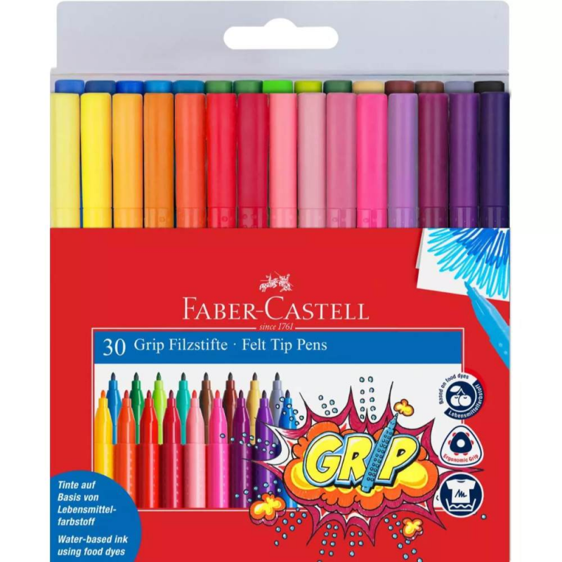  Set 30 Carioci Faber-Castell Grip, Diverse Culori, Varf Rezistent la Presiune, Carioci Colorate 