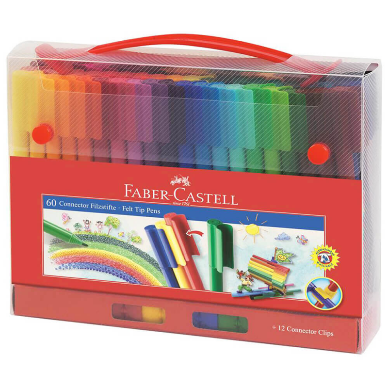 Set 60 Carioci Colorate Faber-Castell Cutie Cadou Connector Cu Clip Prindere
