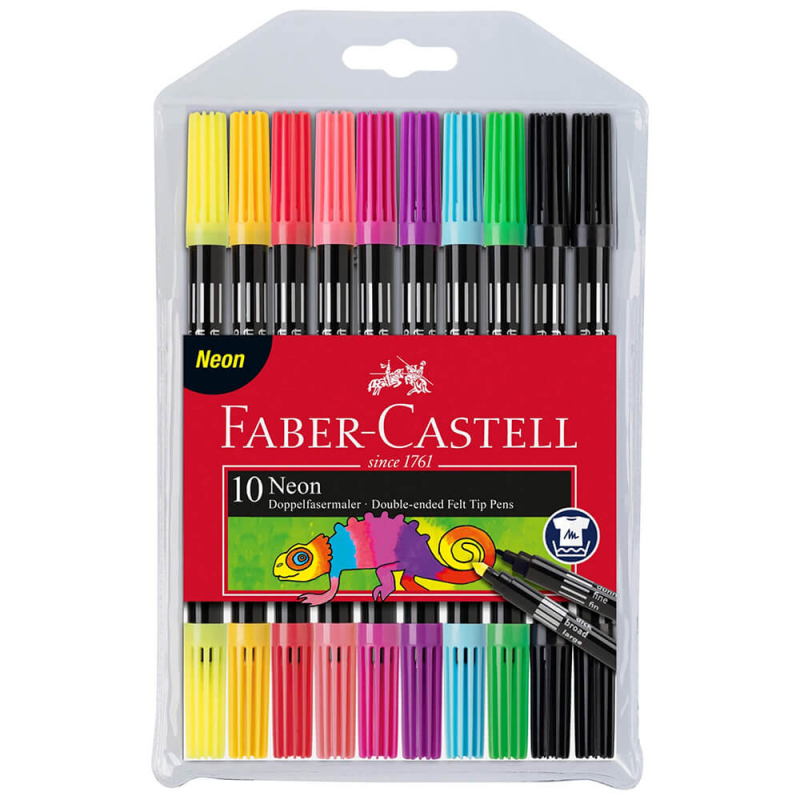 Set 10 Carioci Neon Colorate Faber-Castell Lavabil Cu 2 Capete De Scriere, Carioca Pentru Copii
