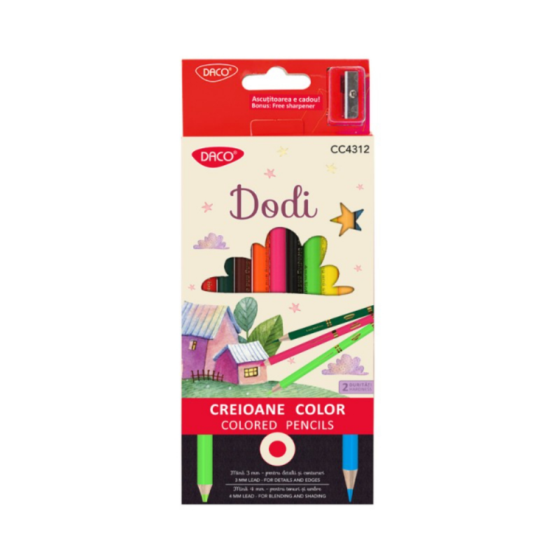 Set 12 Creioane Colorate Daco Dodi, Diametru Mina 4 mm, 12 Culori