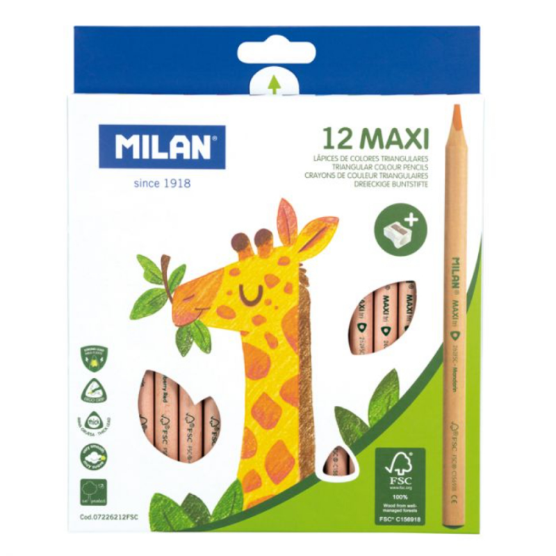  Set 12 Creioane Colorate Milan Maxi, Cu Ascutitoare, Corp Hexagonal 
