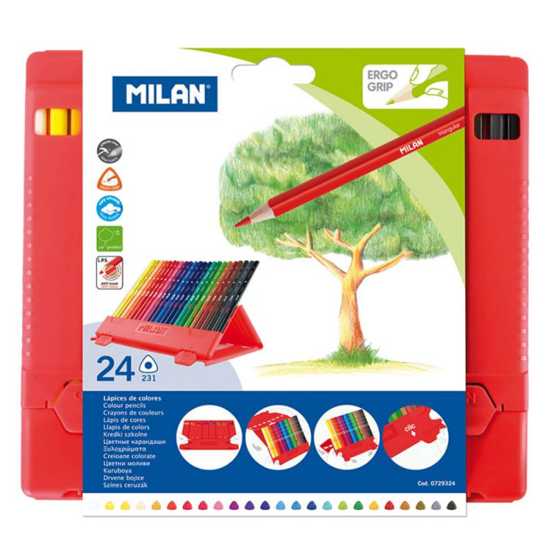 Set 24 Creioane Colorate Milan, Cutie din Plastic, 24 Culori