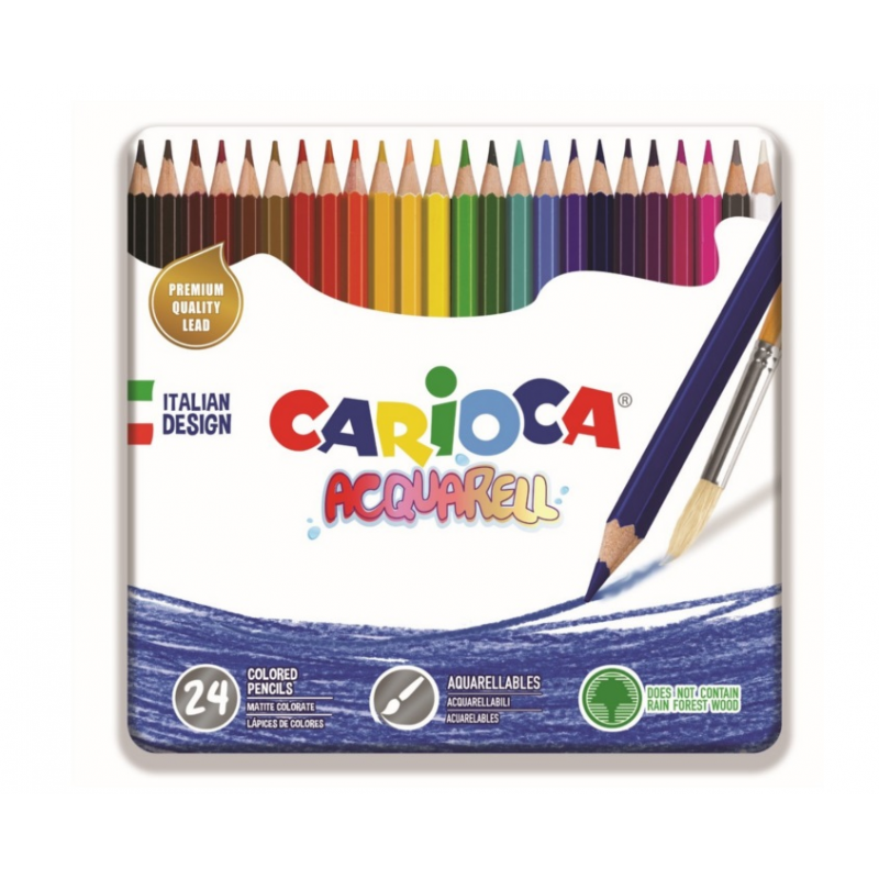  Creioane Colorate Carioca Acquarell, Hexagonale, 24 Culori/cutie - Cutie Metalica 