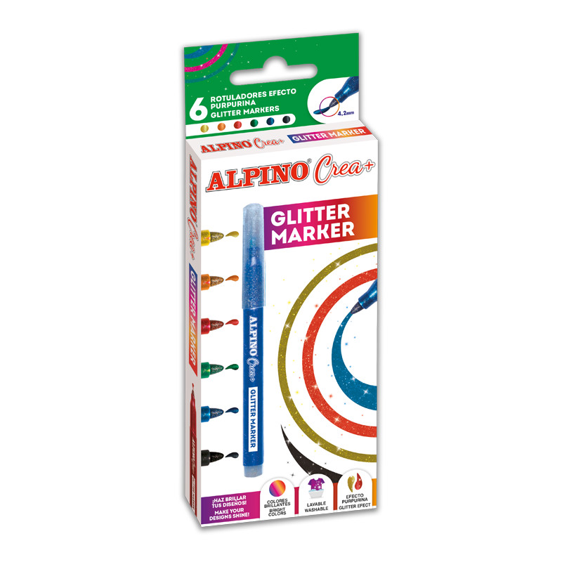 Set Alpino Crea+ Glitter Marker, 6 Culori/set