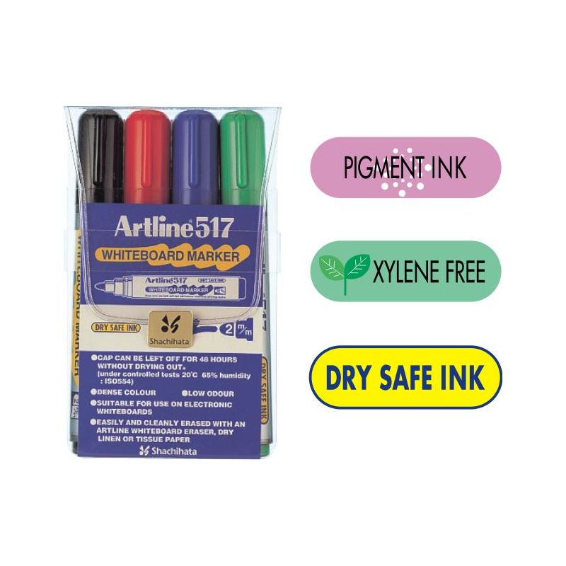 Marker Pentru Tabla De Scris Artline 517 - Dry Safe Ink, Varf Rotund 2.0mm, 4 Culori/set