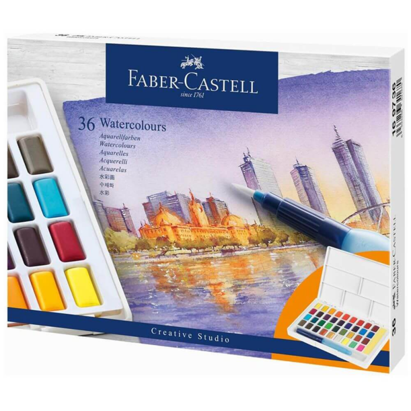 Acuarele Cu Pensula Si Rezervor Apa Faber-castell Creative Studio, 36 Culori