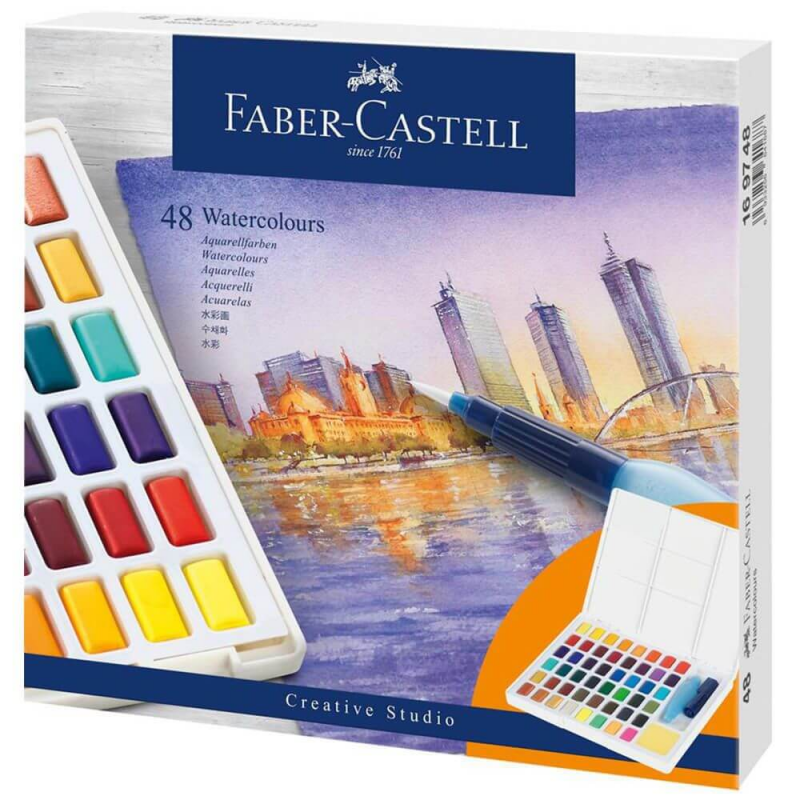 Acuarele cu Pensula si Rezervor Apa Faber-Castell Creative Studio, 48 Culori