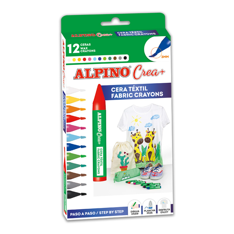 Set Alpino Crea + Textile - Creioane Cerate, 12 Culori/set