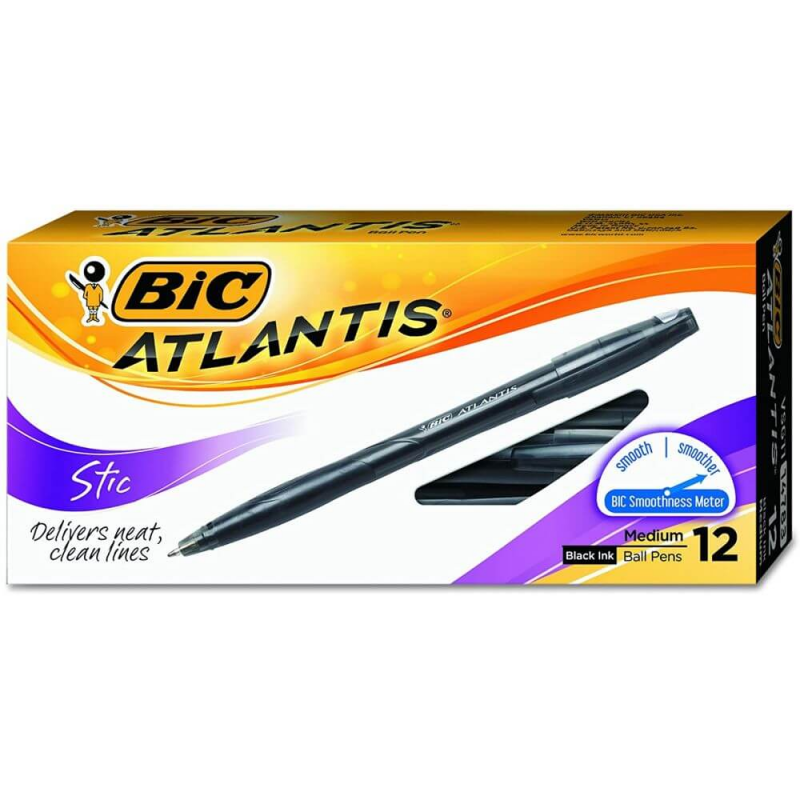 Set 12 Pixuri Bic Atlantis Stic Negre, 1.2mm, Corp Plastic
