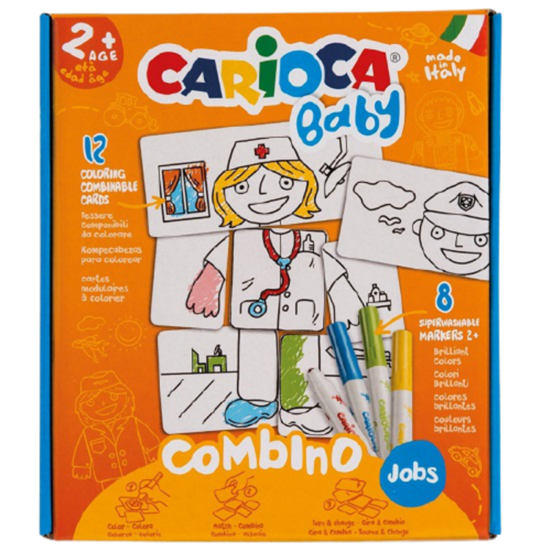Set Puzzle Jobs Carioca Baby, 12 Carduri cu 2 Fete, 8 Carioci Super Lavabile, Multicolor