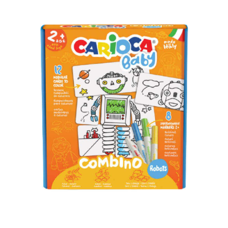  Set Puzzle Robots Carioca Baby, 12 Carduri cu 2 Fete, 8 Carioci Super Lavabile, Multicolor 