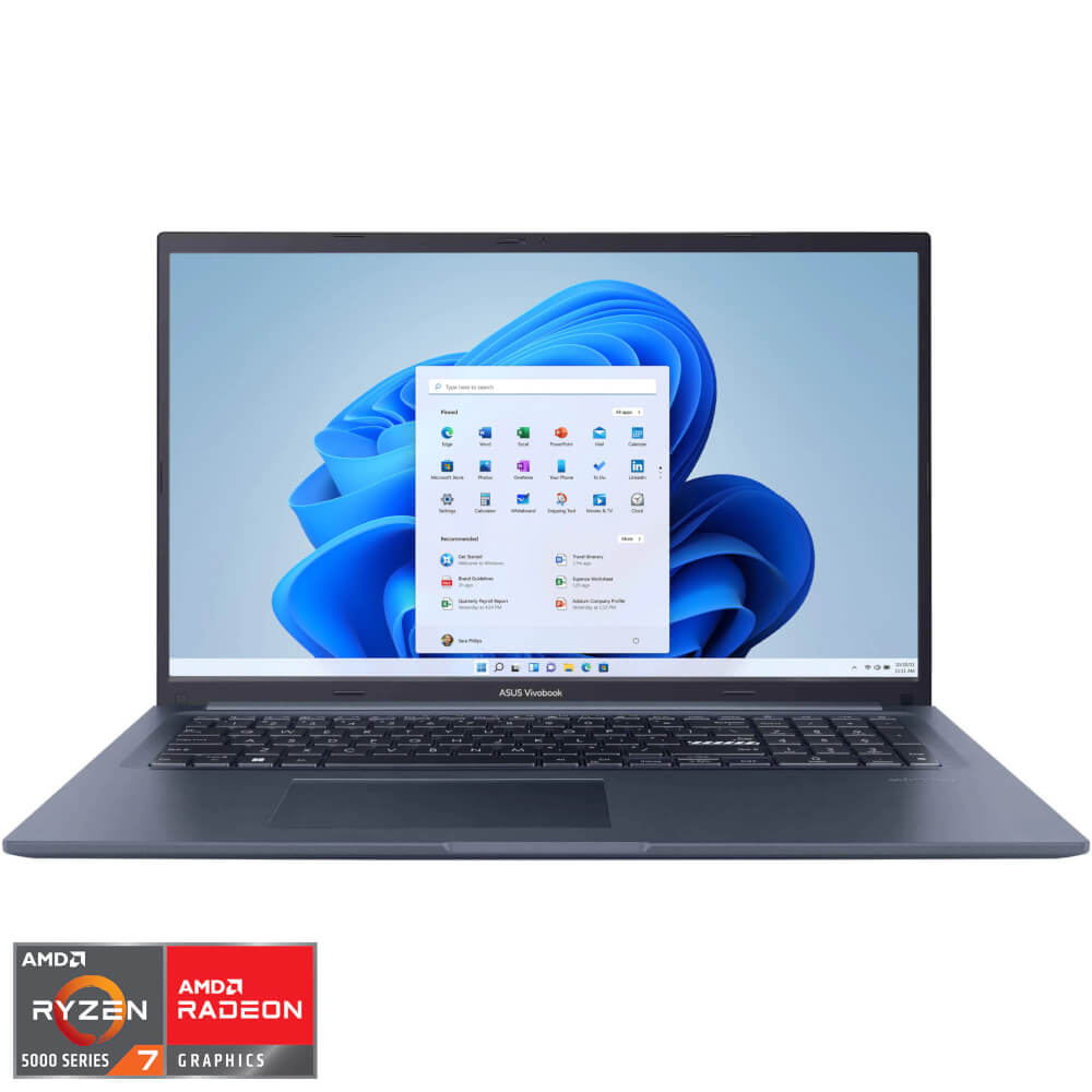  Laptop Asus Vivobook 17 M1702QA, 17.3", Full HD, AMD Ryzen 7 5800H, 16GB RAM, 512GB SSD, AMD Radeon, Windows 11 Home, Albastru 