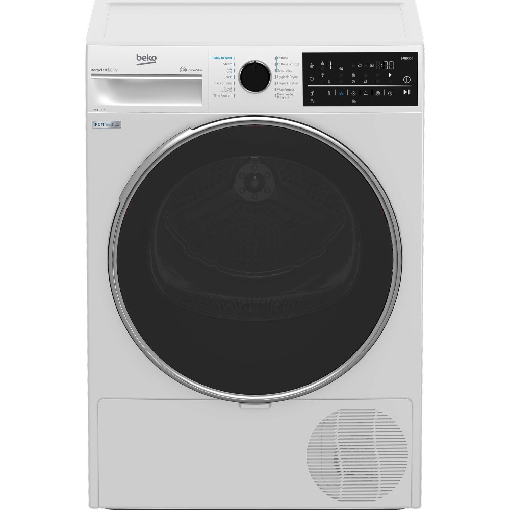  Uscator de rufe Beko B5T89243W, Pompa de caldura, 9 kg, 14 programe, RecyCledDry, EcoGentle, Hygienic Drying, Optisense, Steam, IronFinish, Clasa A+++ 