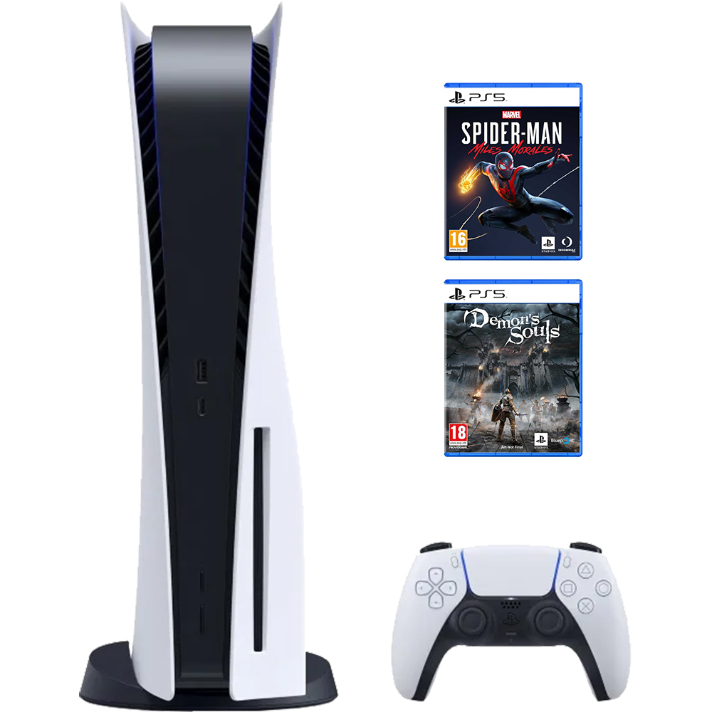  Consola Sony PS5 (PlayStation 5), 825GB, Alb + Joc Marvel`s Spider-Man: Miles Morales + Joc Demon`s Soul Remake 