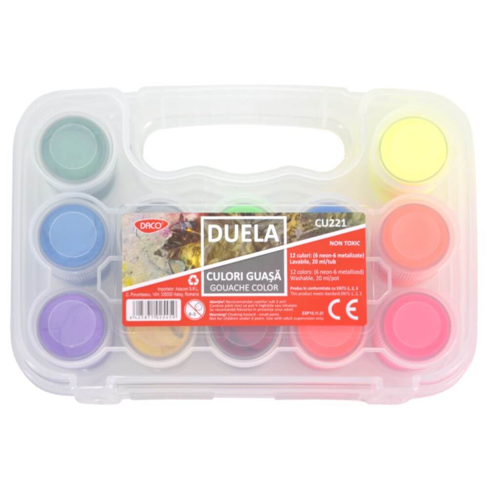 Culori Guasa DACO, 12 Culori/Set, 20 ml/Tub, 6 Culori Neon, 6 Culori Metalice