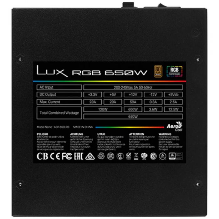 Sursa Aerocool Lux RGB 650, 650 W, Iluminare RGB, Single rail, Ventilator 120mm, 80 + Bronze, Eficienta 88% 