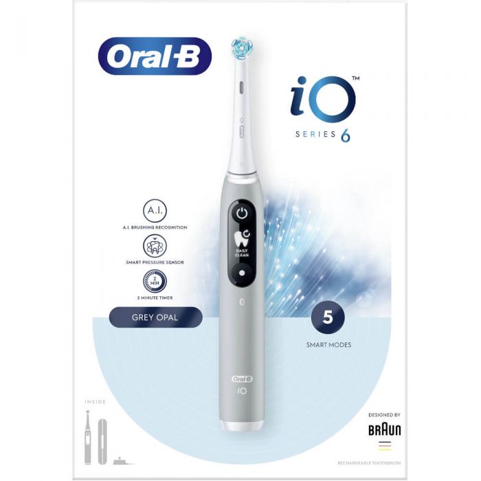 Periuta de dinti electrica Oral-B iO6 cu Tehnologie Magnetica si Micro-Vibratii, Display LED, Timer, 5 moduri, 1 capat, Trusa de calatorie, Gri