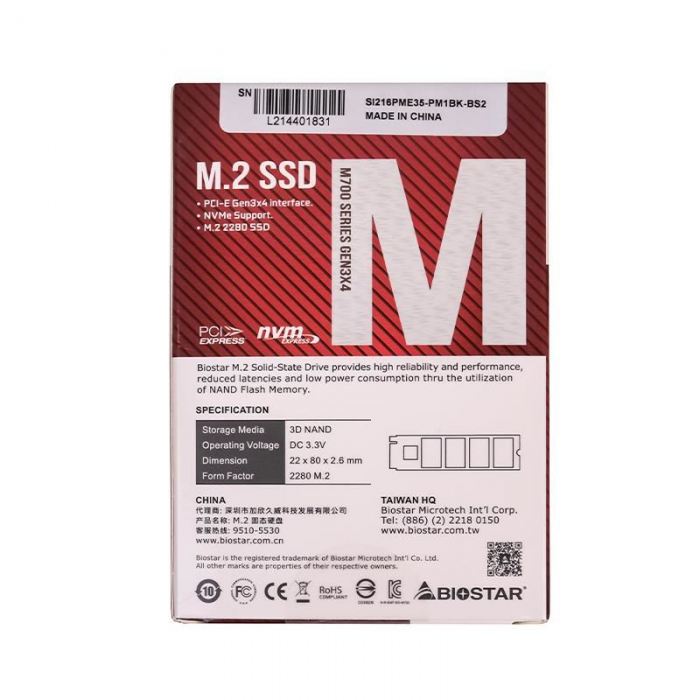 SSD Biostar M720, 512GB, PCI Express 3.0 x4, M.2 2280