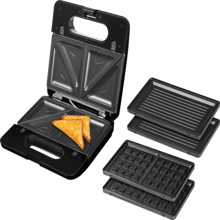 Sandwich-maker ECG S3173 3in1 Triangle, 750W, 3 tipuri de placi detasabile, negru-otel inoxidabil