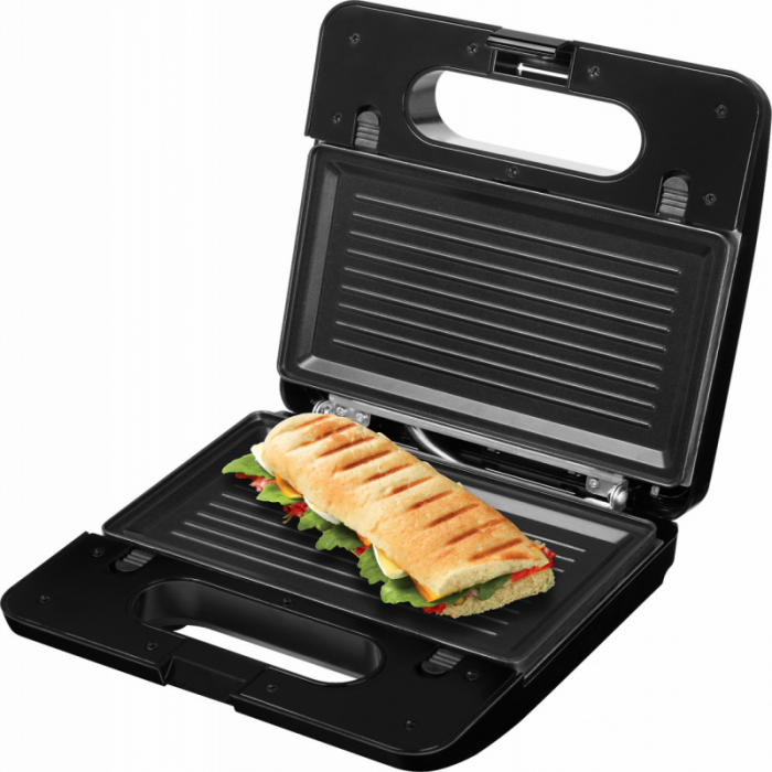Sandwich-maker ECG S3173 3in1 Triangle, 750W, 3 tipuri de placi detasabile, negru-otel inoxidabil