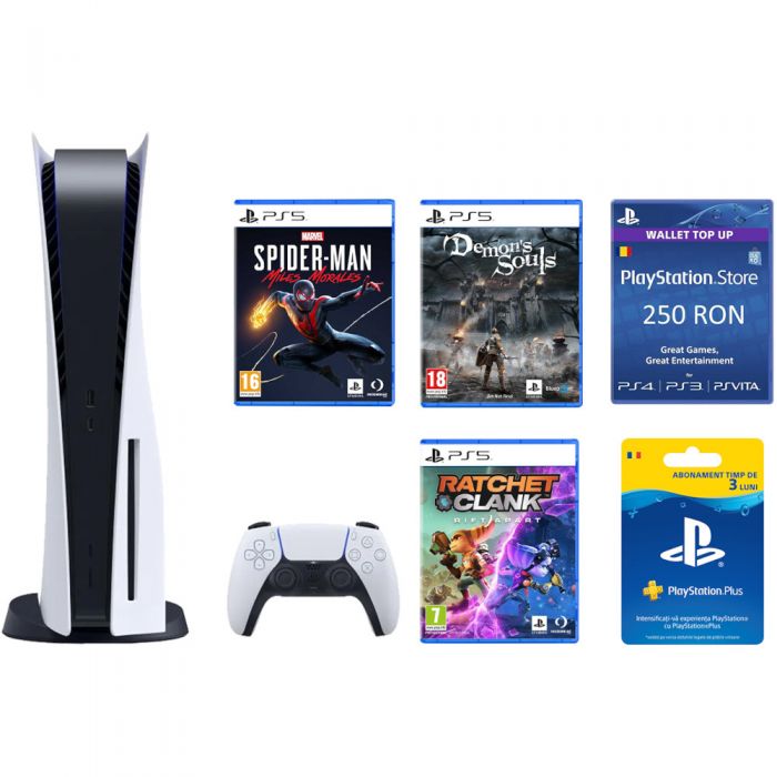 Consola PS5 SONY B Chassis 825GB, Spider-Man Miles Morales, DemonS Soul, Ratchet and Clank, Membership 90 zile, Card PlayStation Store 250 RON