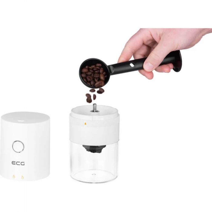Rasnita de cafea portabila ECG KM 150 Minimo, Incarcare USB, 3.7 V, 13 W, 30 g, Alb