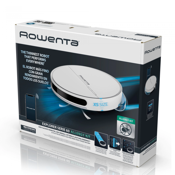 Aspirator robot Rowenta X-Plorer Serie 60 RR7447WH, Wi-Fi, Sistem Aqua Force, Functie mop, 3 Moduri curatare, 0.36 L, Autonomie de 90 min, 1.3 kWh/an, Alb
