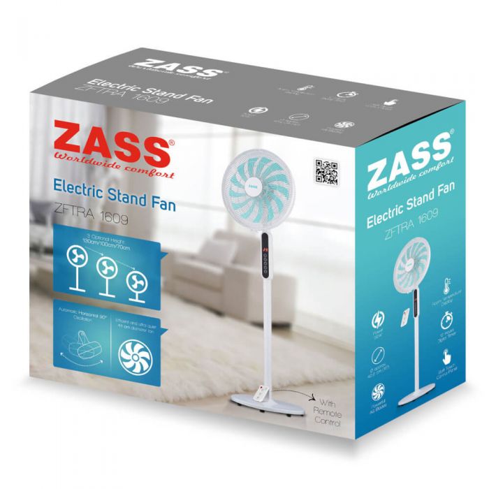 Ventilator cu picior Zass ZFTRA 1609, 55 W, 3 trepte viteza, Panou control soft touch, Alb