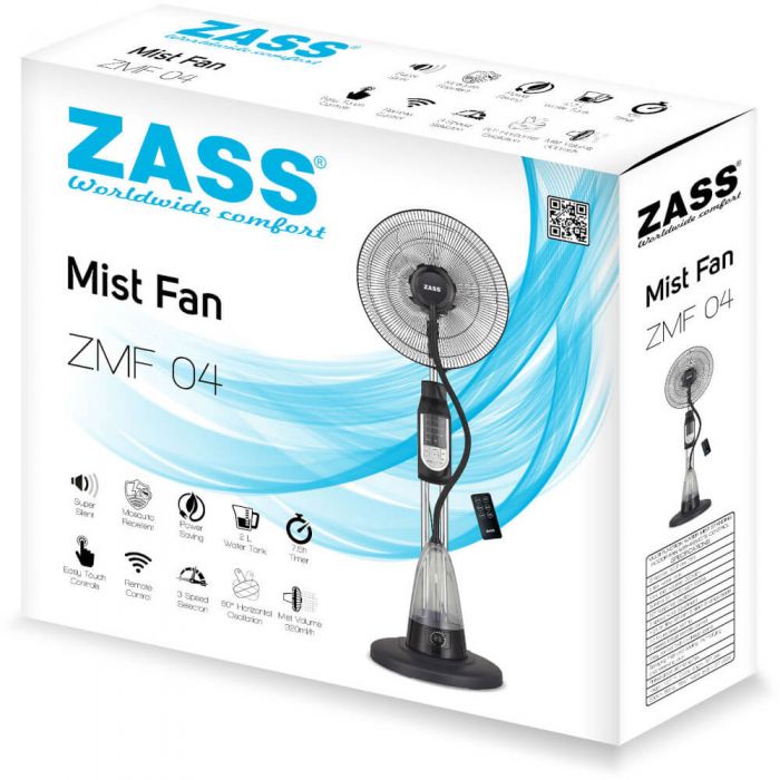 Ventilator cu pulverizare apa si telecomanda Zass ZMF 04, 70 W, Negru