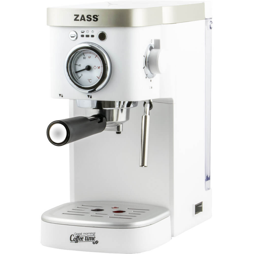 Espressor manual Zass ZEM 08, 1100 W, 1.2 L, 20 bar, Control electronic NTC, Panou superior incalzit, Alb