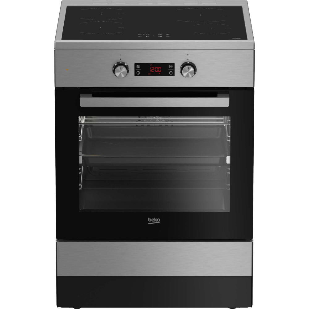 Aragaz electric Beko FSM 69301 XCT, Plita inductie, Grill, 3 zone de gatit, Autocuratare catalitica, 8 functii gatire, 3D Cooking, Booster, SteamShine, Argintiu, Clasa A