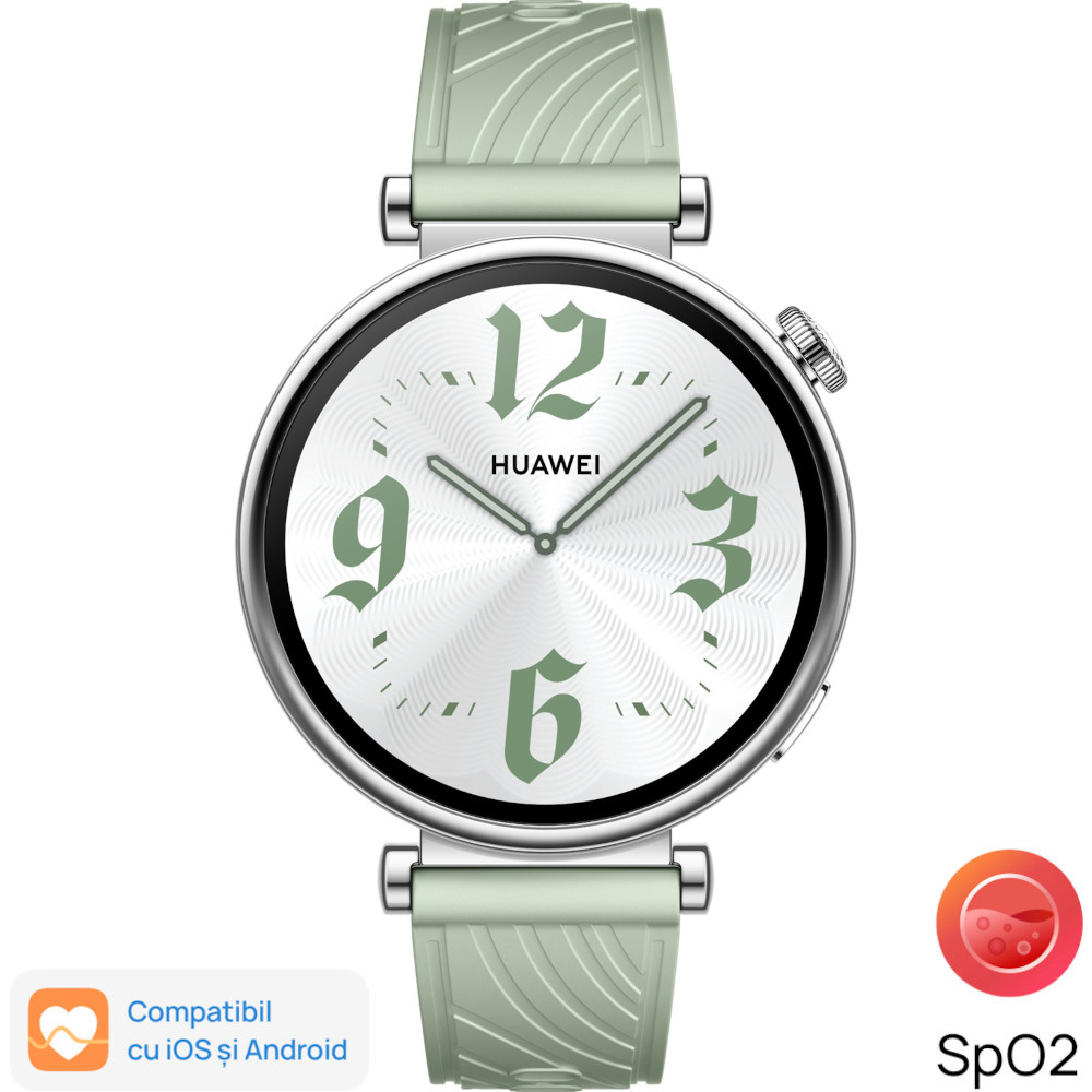 Huawei Watch GT 4, 41 mm, Stainless Steel Case with Green Fluoroelastomer Strap