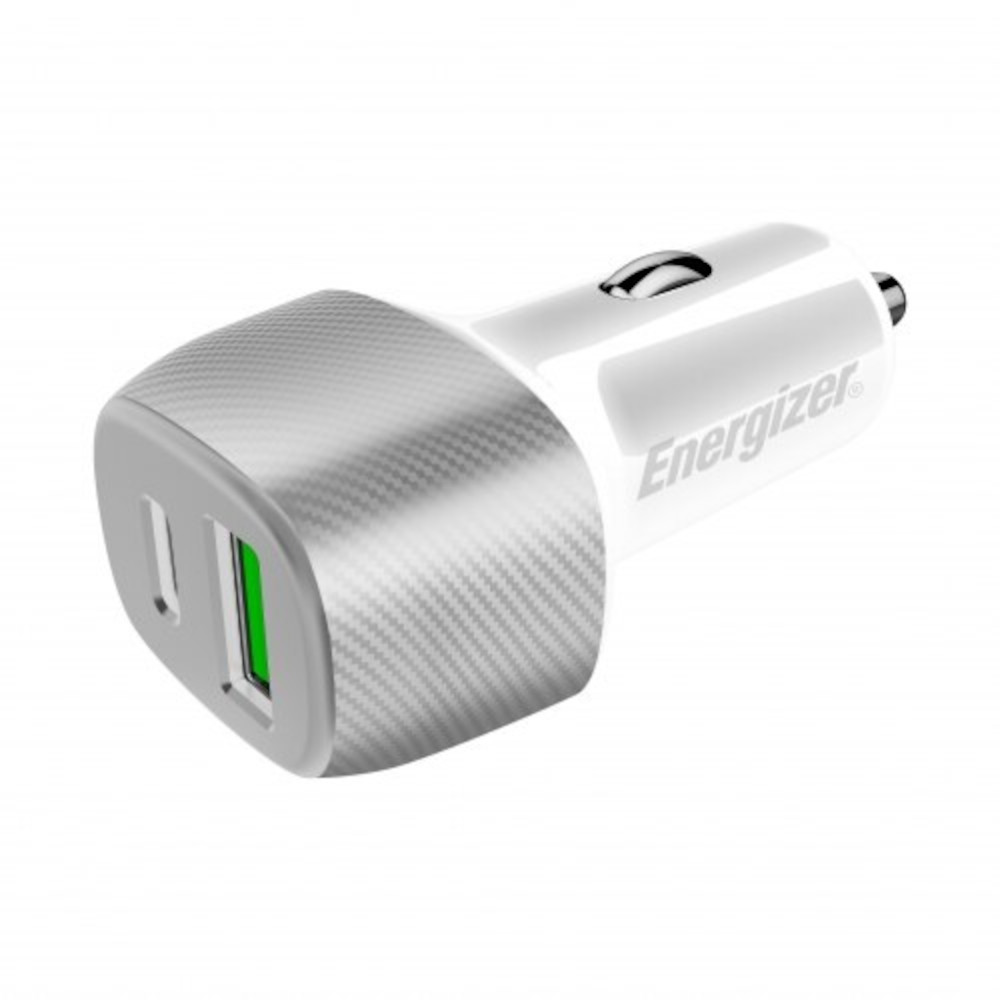 Incarcator auto Energizer PowerDelivery, 38W QC 3.0, 1 USB A + 1 USB C, Argintiu/Alb