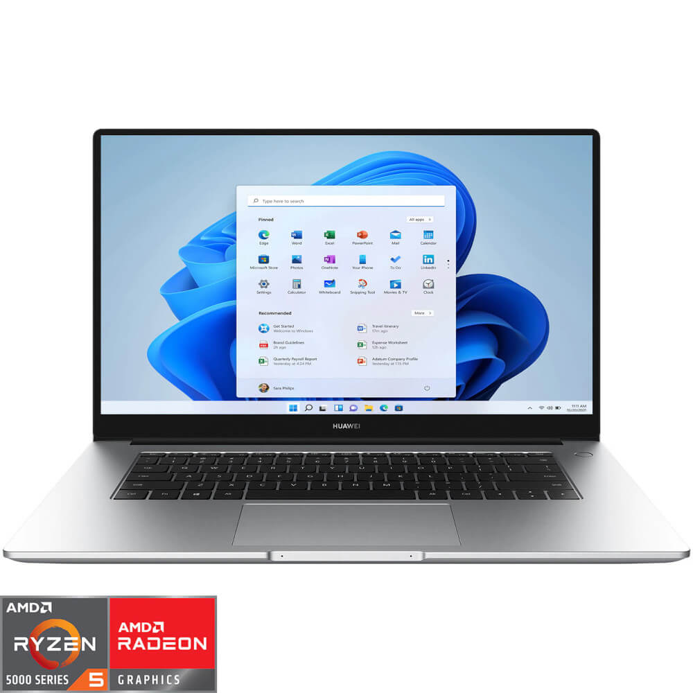  Laptop Huawei MateBook D15, 15.6", Full HD, AMD Ryzen 5 5500U, 8GB RAM, 512GB SSD, AMD Radeon Graphics, Windows 11 Home, Argintiu 