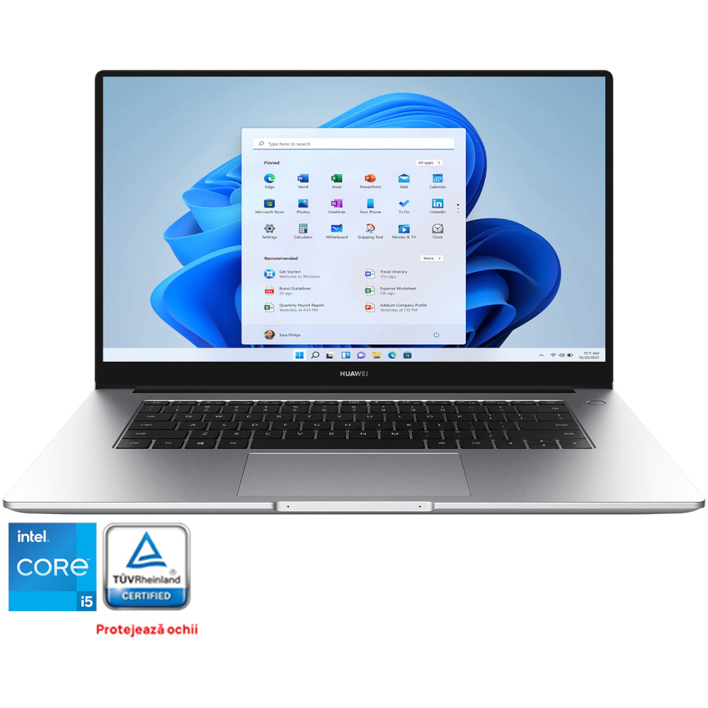  Laptop Huawei MateBook D15, 15.6", Intel Core i5-1135G7, Full HD, 8GB, 512GB SSD, Intel Iris Xe Graphics, Windows 11 Home, Silver 