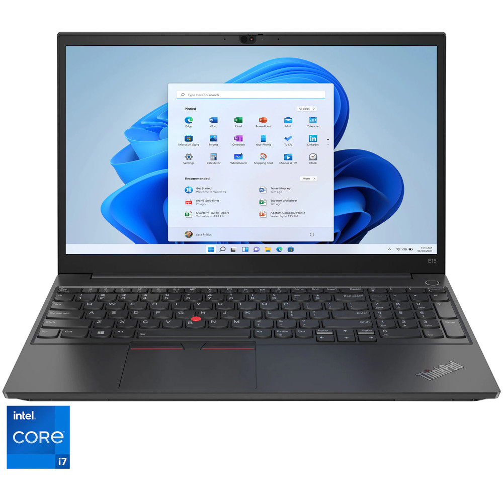  Laptop Lenovo ThinkPad E15 Gen 2, Intel Core i7-1165G7, 15.6", Full HD, 16GB, 512GB SSD, Intel Iris Xe Graphics, Windows 11 Pro, Negru 