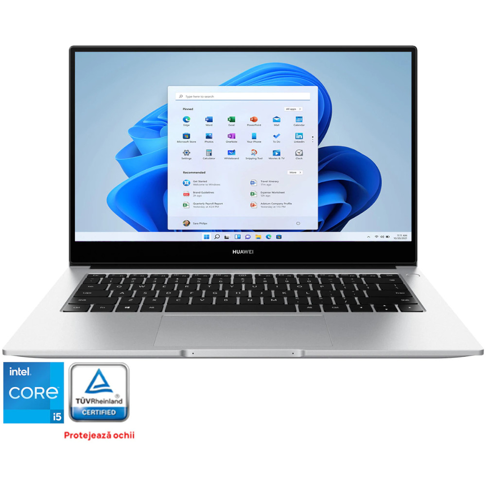  Laptop ultraportabil Huawei MateBook D14, Intel Core i5-1135G7, 14 inch, Full HD, 8GB, 512GB SSD, Intel UHD Graphics, Windows 11 Home, Argintiu 