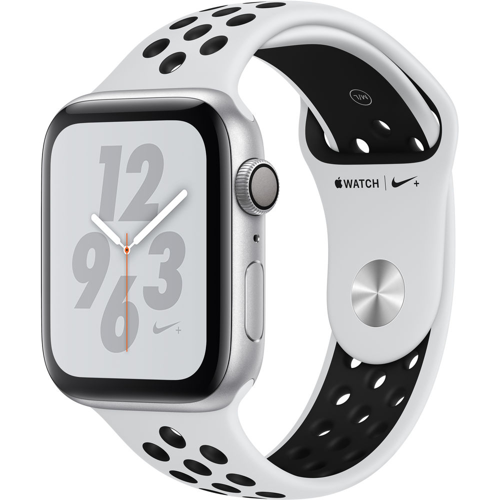 Apple Watch Nike+ Series 4 GPS, 44mm Silver Aluminium Case, Pure Platinum/Black Nike Sport Band