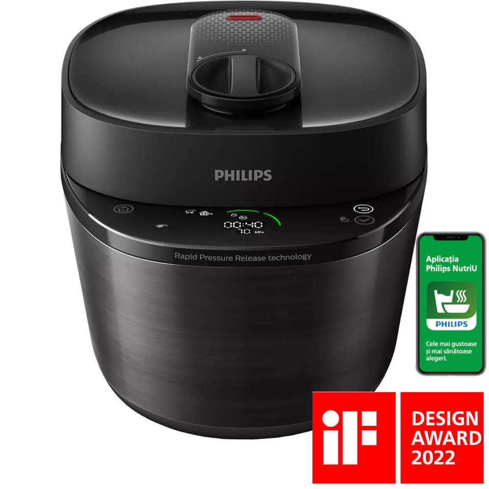 Philips All-in-One MultiCooker cu gatire sub presiune HD2151/40, 1000 W, 5 L, 18 sisteme de protectie, Aplicatie NutriU, Carte de bucate, Negru
