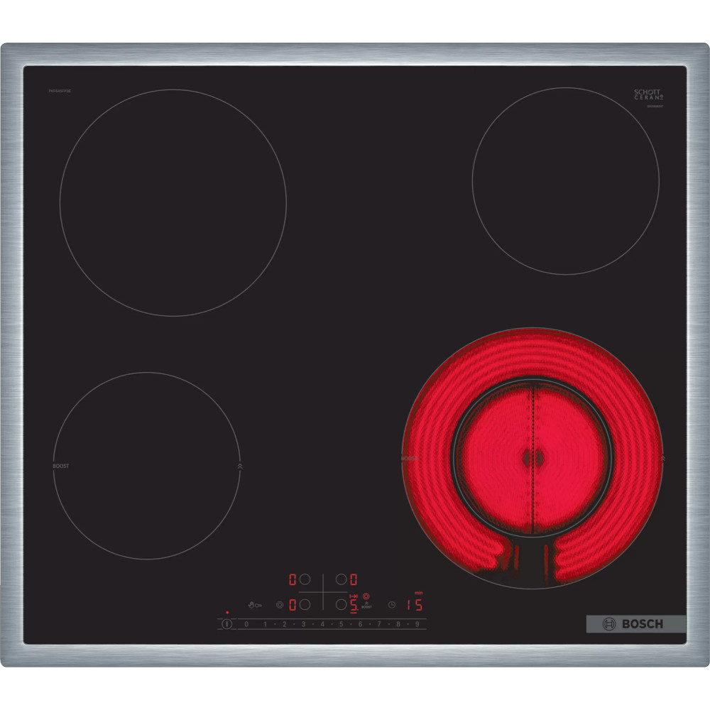  Plita incorporabila Bosch PKF645FP3E, Electrica, 4 zone de gatit, 17 trepte putere, DirectSelect, PowerBoost, QuickStart, ReStart, Control digital, Semnal sonor, 60 cm 