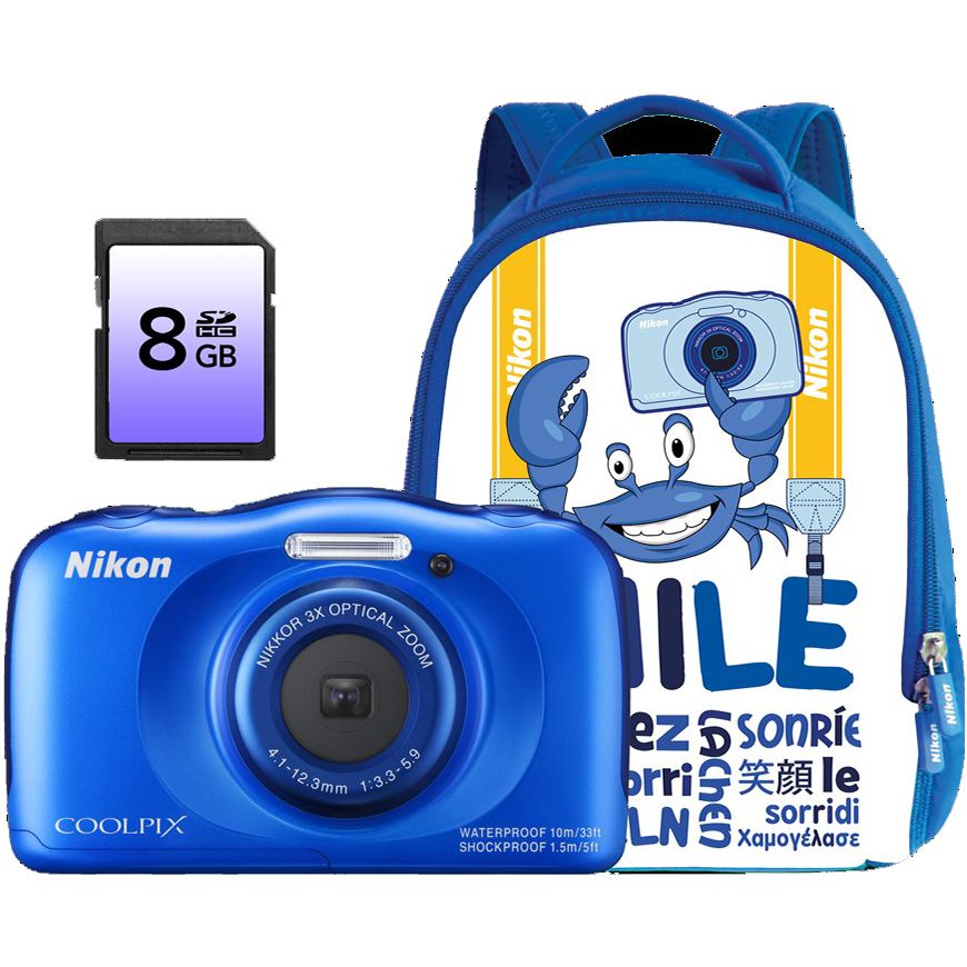  Camera foto compacta Nikon S33, 13 MP, Albastru, Backpack kit + Card 8GB 
