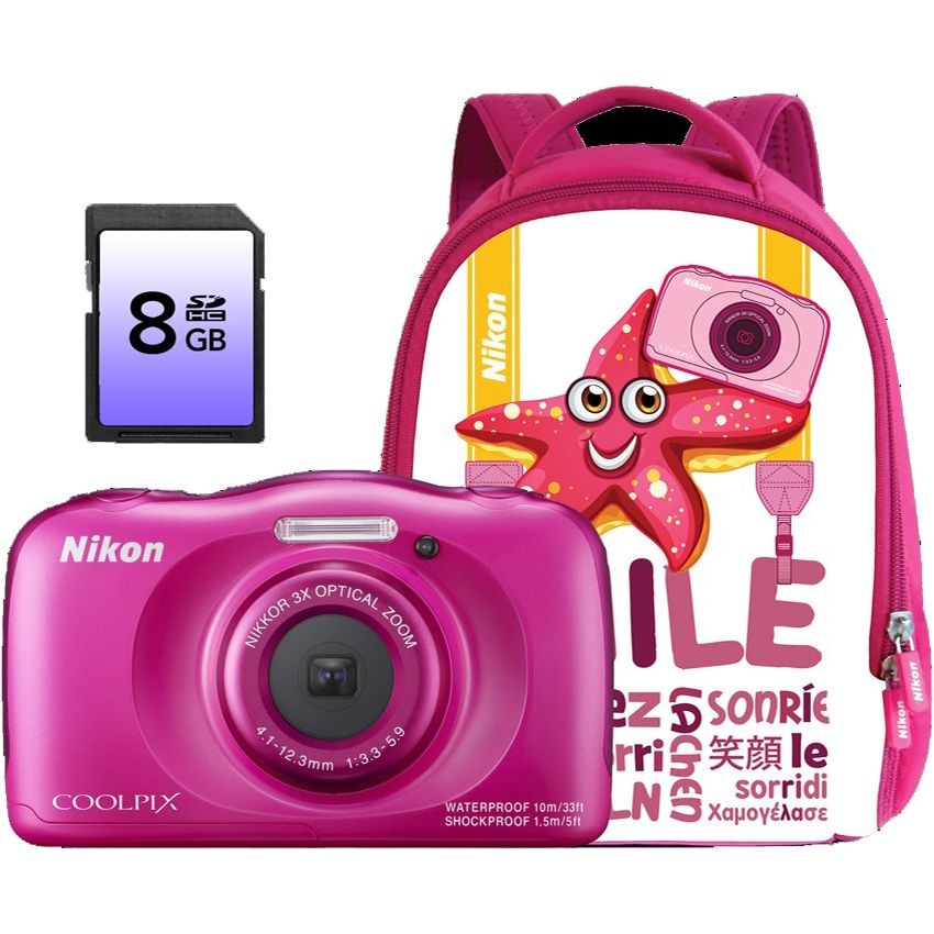  Camera foto compacta Nikon S33, 13 MP, Roz, Backpack kit + Card 8GB 