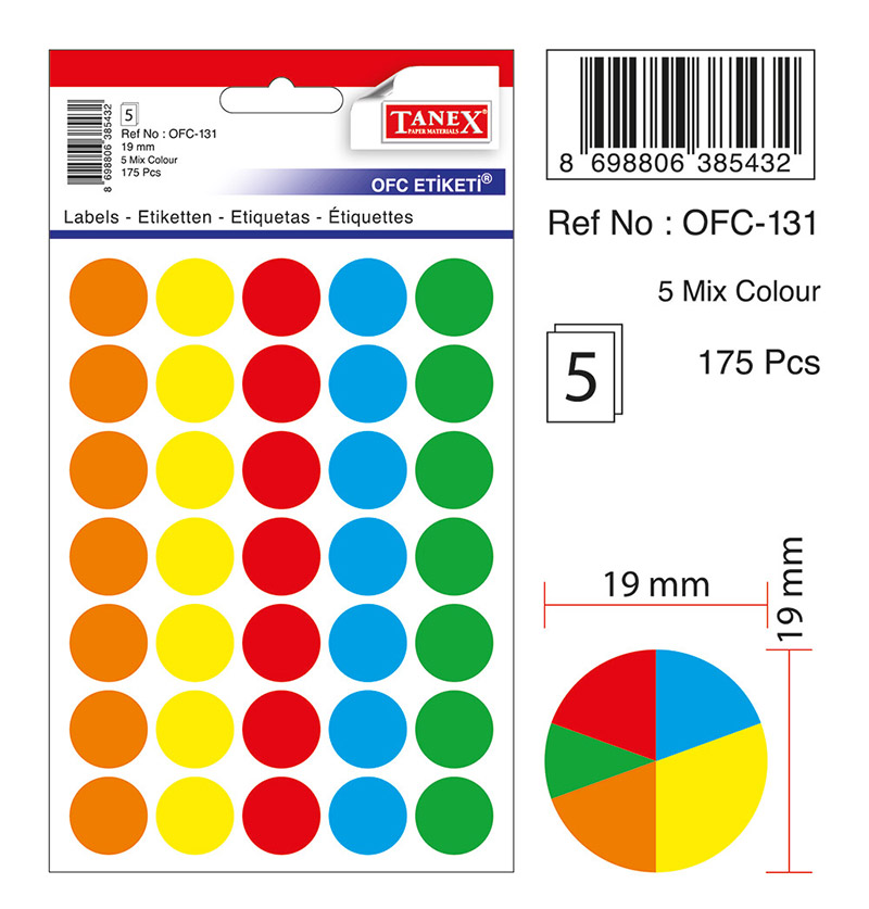 Etichete Autoadezive Color Mix, D19 Mm, 175 Buc/set, Tanex - Culori Asortate