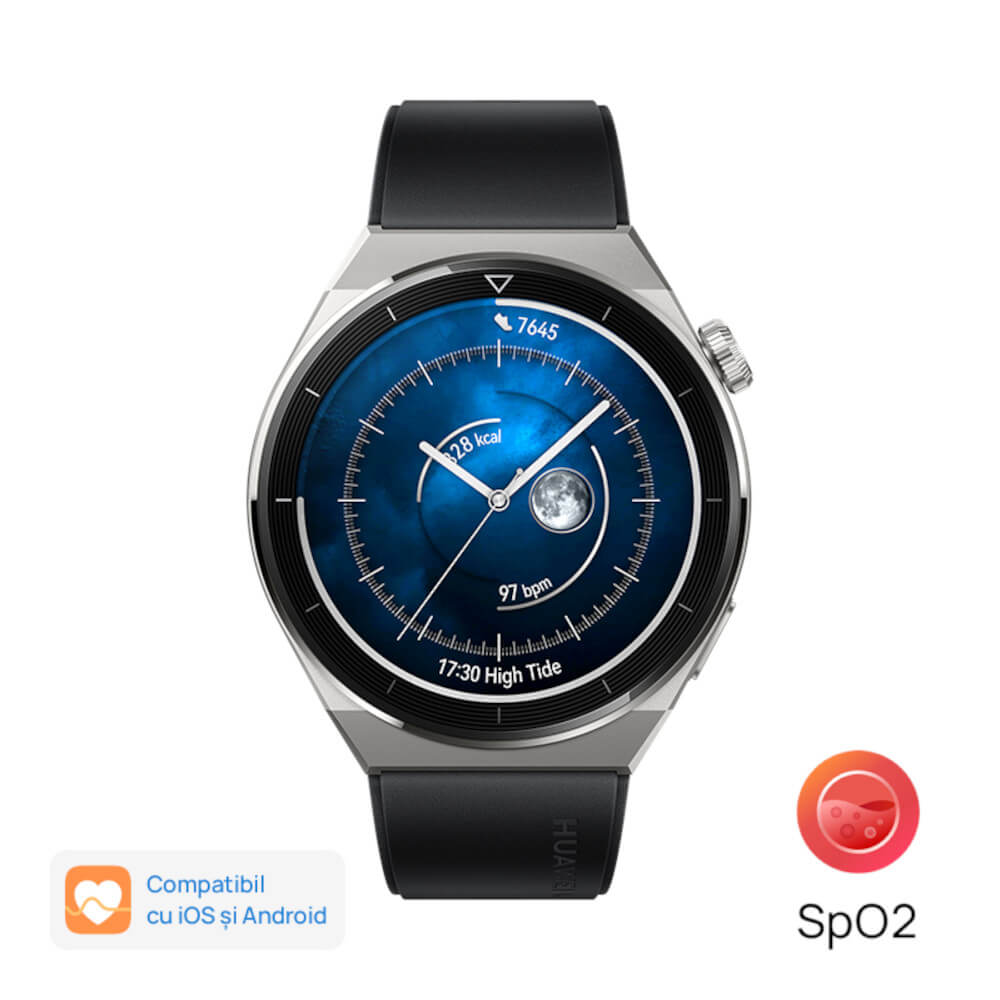 Smartwatch Huawei Watch Gt 3 Pro, Titanium Case, Black Fluoroelastomer Strap