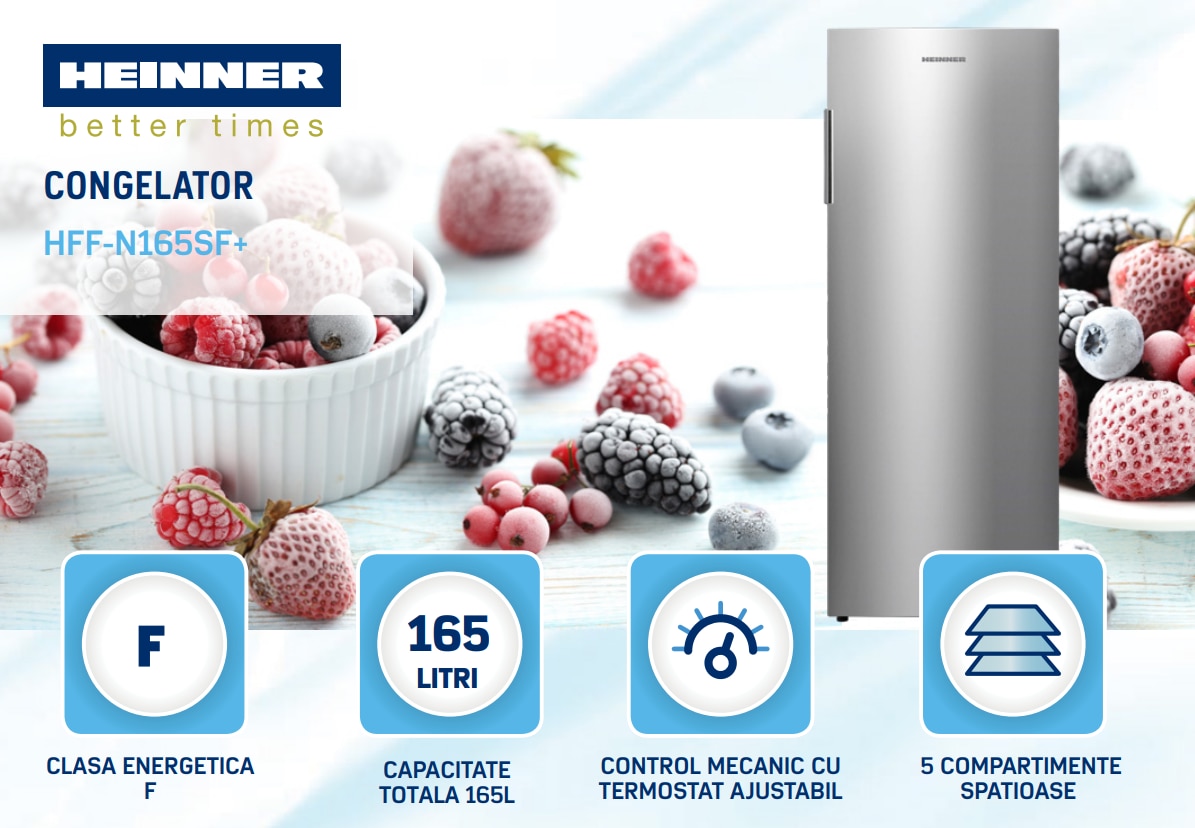 Congelator Heinner HFF-N165SF+ , 165 l, Clasa F, 5 sertare, Control mecanic, H 143.4 cm, Argintiu